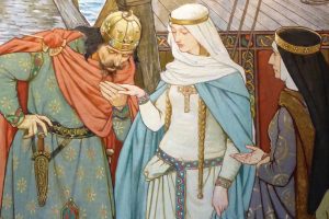 Malcolm accueillant Marguerite à son arrivée en Écosse, 1899, détail d'une peinture murale de William Hole.