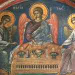 Fresque au monastère de Dionysiou. Hospitalité d'Abraham