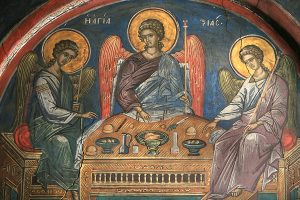 Fresque au monastère de Dionysiou. Hospitalité d'Abraham