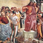 La prédication de l’Antéchrist, 1499-1504, détail de la fresque de Luca Signorelli dans la cathédrale d’Orvieto (Italie). Le Diable, à droite de l’Antéchrist, lui parle à l’oreille.
