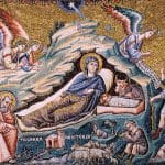 La source d’huile miraculeuse figure en bas de la fresque de la Nativité (1291), par Pietro Cavallini, dans la basilique romaine Sainte-Marie-du-Trastevere.